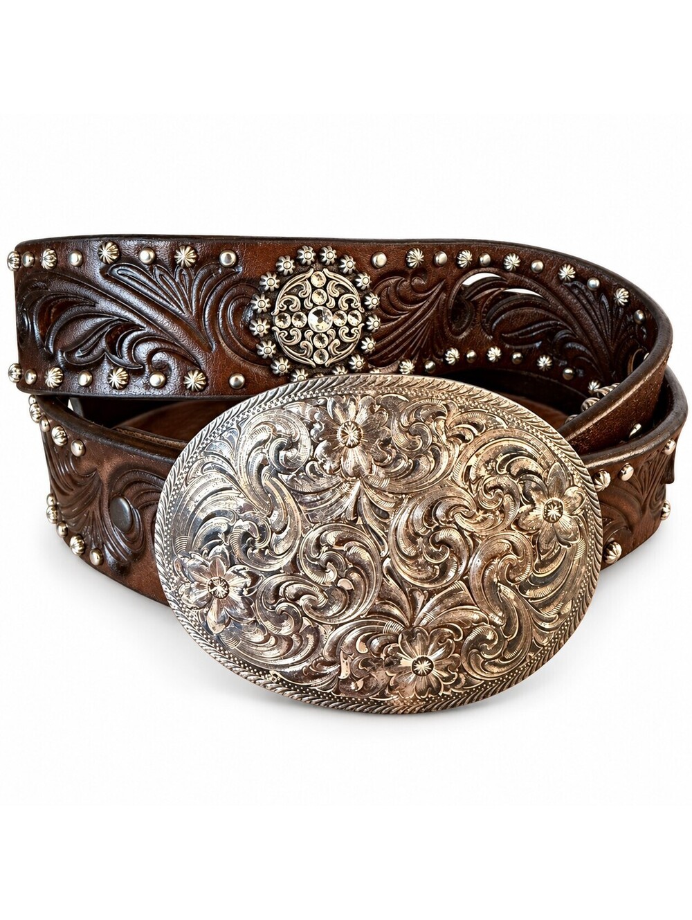 Ariat Montana Silversmiths Brown Leather Western Concho Rhinestone Belt M